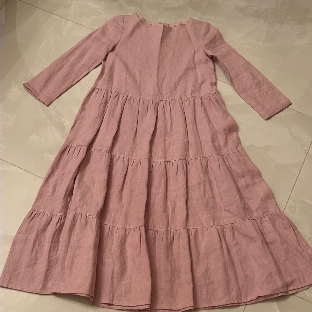 Tiered Long Sleeve Pink Linen Dress